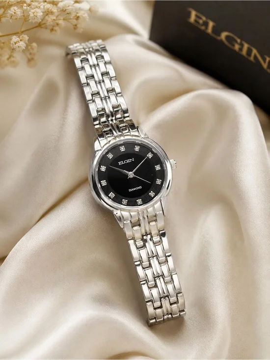 Elgin Women's Silver Bracelet Watch with Black Dial and Diamond Markers