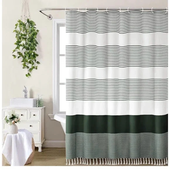 NWT awellife 72inx72in fabric shower curtain boho dark green stripe