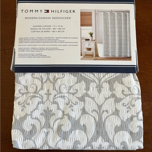 Tommy Hilfiger Modern Damask Seersucker Shower Curtain - Gray and White