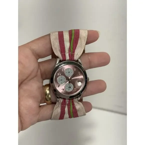 Rachel Weissman Quartz Watch With Faux Sub Dials Pink Nylon Band Needs Battery‎
