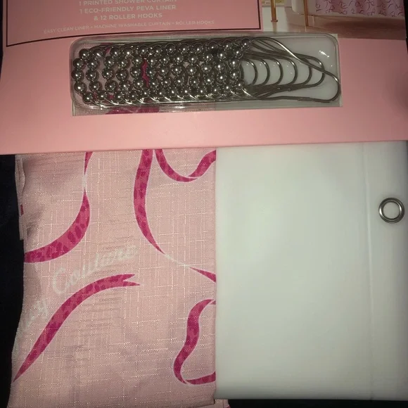 🎀 Juicy Couture Pink Bow Shower Curtain Set with Silver Hooks
