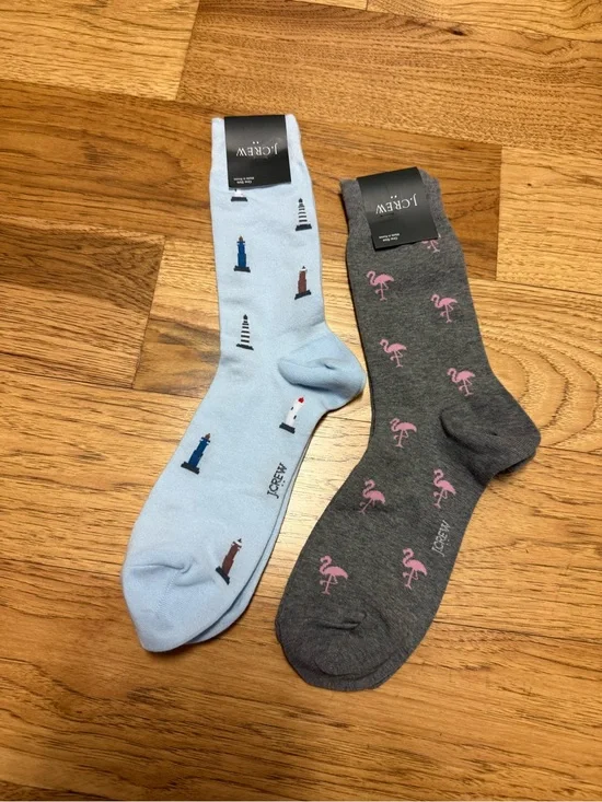 J. Crew Men's Light Blue Lighthouse & Charcoal Flamingo Crew Socks