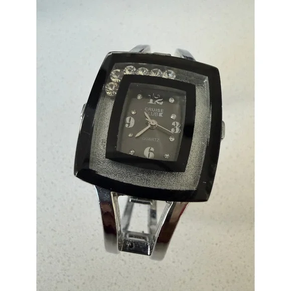 Cruise Club Square Face Quartz Watch Silver Tone Cuff Bangle Black Dial Crystals