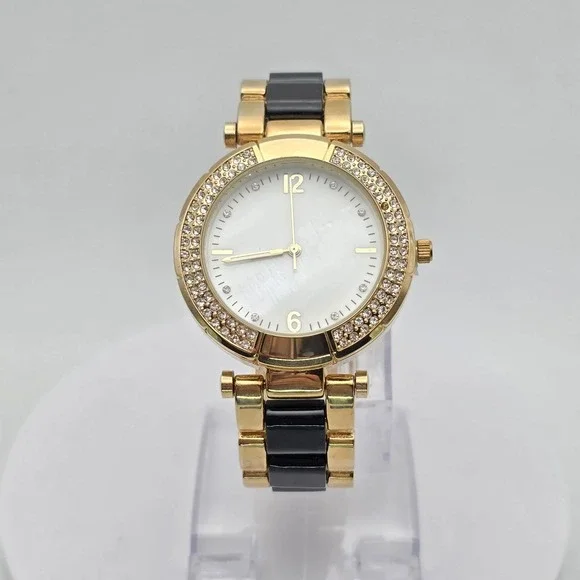 New‎ CHICO'S Ladies Watch Mother of Pearl CZ Encrusted Black Gold Tone Band