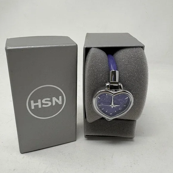 Joy Mangano Purple Heart Bangle Watch Silver Tone Magnetic Clasp Safety Chain