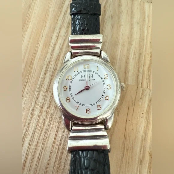 Ecclissi ladies sterling silver black leather watch NEW BATTERY