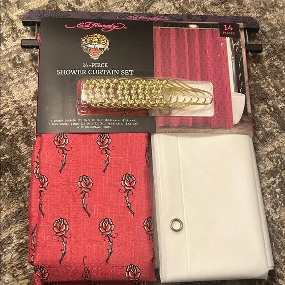 Ed Hardy Pink Rose Shower Curtain Set with Gold Hooks