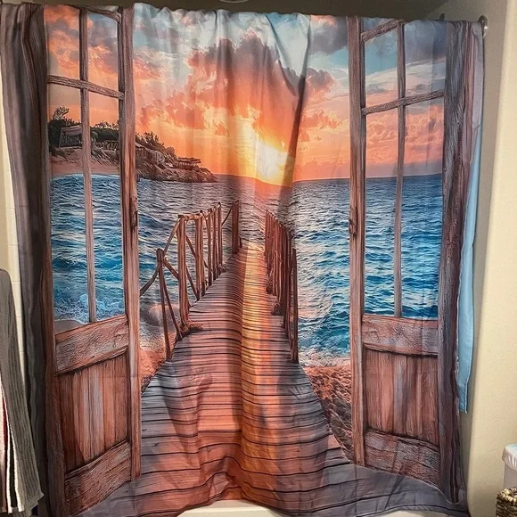 Scenic Ocean View Shower curtain 80” with blue inner liner 72”