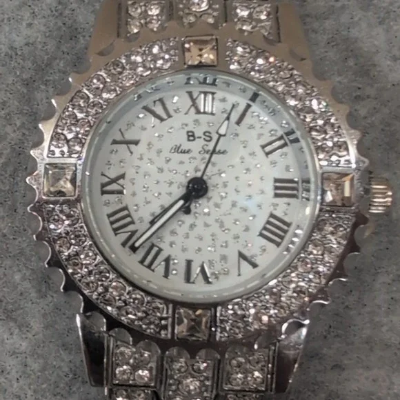 Women's Blue Sense Rhinestone Watch Roman Numerals Silver Tone Band Crystal‎