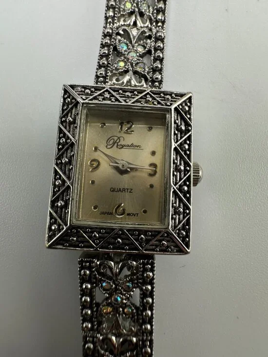 3/$30 Royalton Watch Women Silver Tone Rhinestone Accents Beige Dial 5.75”