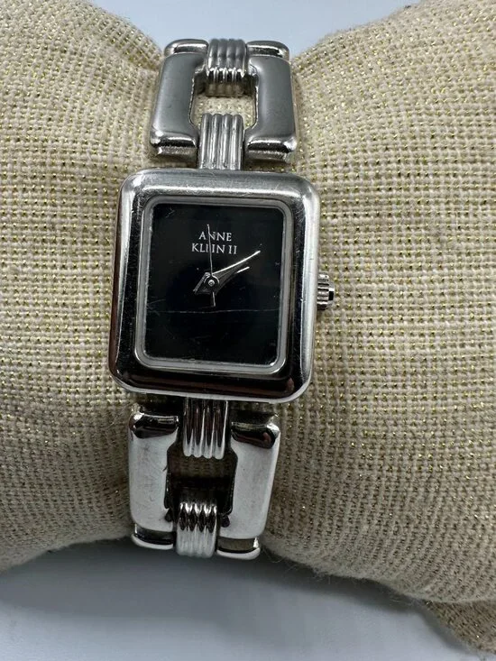 3/$30 Anne Klein Watch Women Silver Tone Black Square Dial New Battery 6