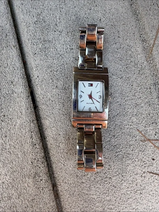 Tommy Hilfiger Silver and White Rectangular Link Watch