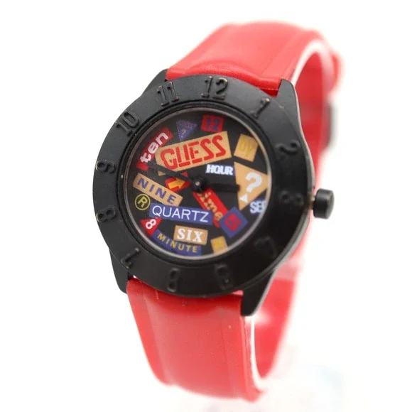 Vintage Guess Watch 30mm Women Retro Art Word Dial 1989 Red Strap w New Battery