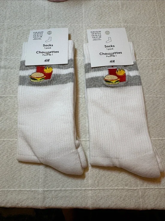 H&M White Crew Socks with Burger & Fries Design