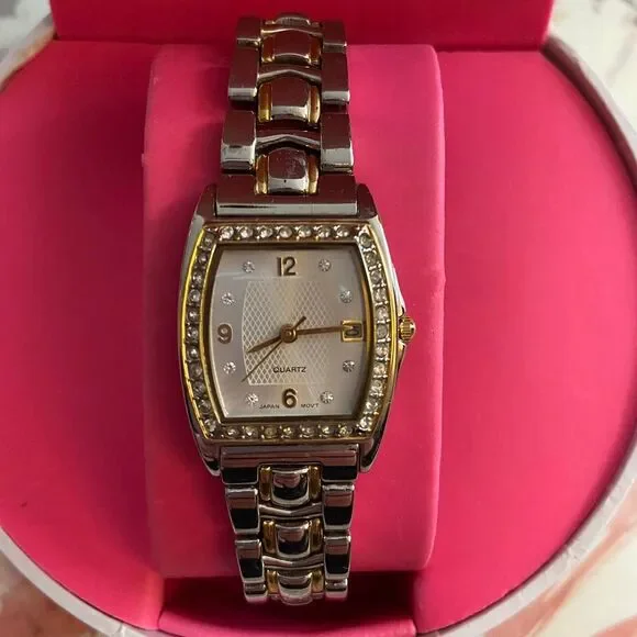 Silver and gold tone women's watch with stone accents