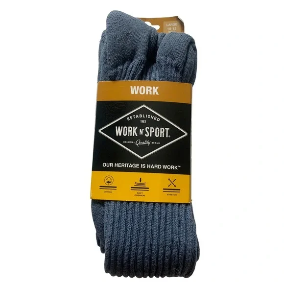 Work N Sport Men's 2 Pack Super Tough Crew Socks Grey Large Cotton‎