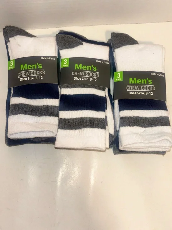 Men's Crew Socks 3-Pack - White with Gray & Navy Stripes-3 pack bundle size 6-12