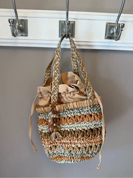 Capelli of New York Braided Straw Bucket Bag in Tan, Cream and Blue-Grey