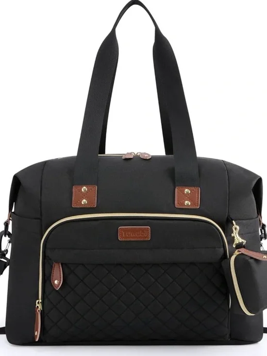 Black Quilted Carryall Tote with Brown Trim