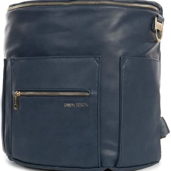 Fawn Design Navy Blue Leather Baby Bag with Gold Hardware