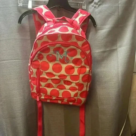 Thirty-One Mod Coral Polka Dot backpack Monogram M