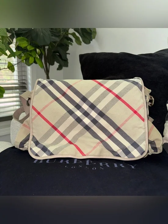 Burberry Beige Check Canvas Baby Bag with Red Accents