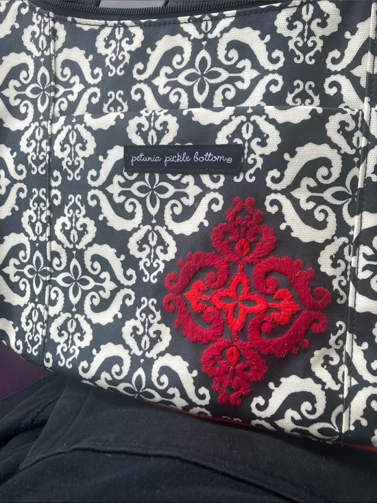 Petunia Pickle Bottom Black and White Damask Tote with Red Embroidery