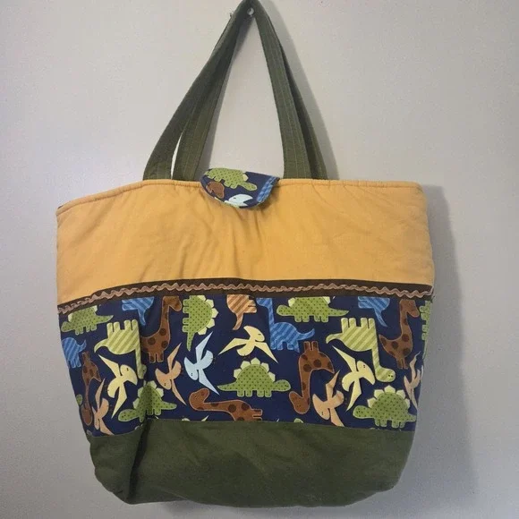 Handmade Colorful Quilted Dinosaur Tote Diaper Bag Art Quirky Gift Purse Fabric
