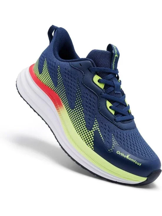 OrthoComfoot Men's Navy Lime Green Rubber Sole Comfortable Hiking Athletic Shoes