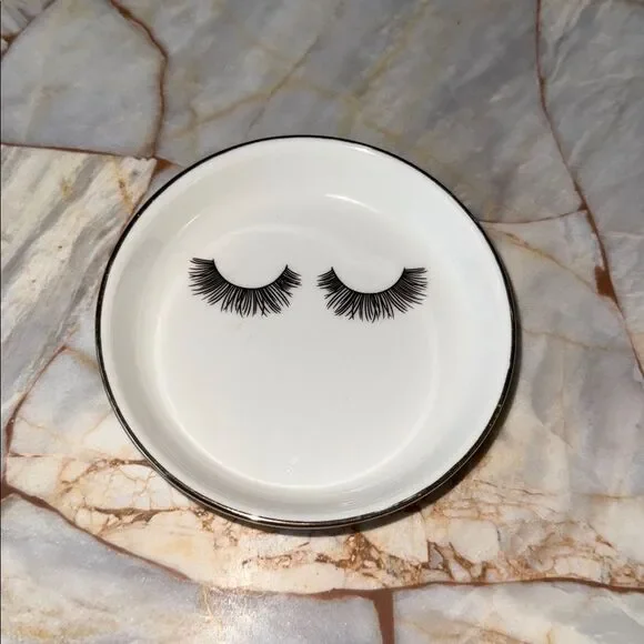 White Ceramic Eyelash Trinket Dish Gold Rim Jewelry Tray Round 4 Inch