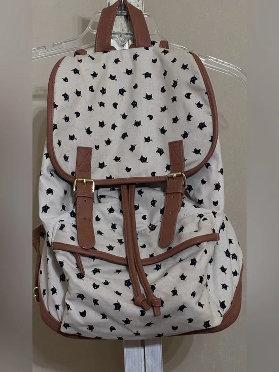 Canvas Cat Print Drawstring Backpack with Brown Faux Leather Trim