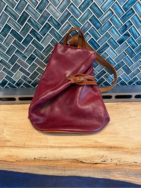 Leather Convertible Sling/Backpack in Burgundy with Tan Strap