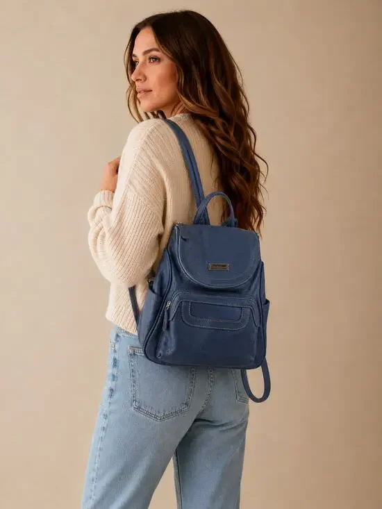 MultiSac Blue Faux Leather Mini Backpack Purse Small Travel Casual Bag