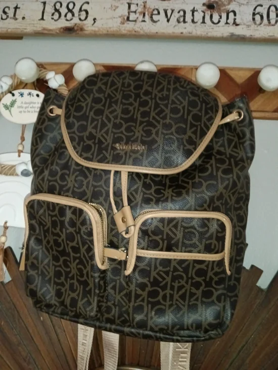 Calvin Klein Brown Logo-Print Backpack with Tan Trim