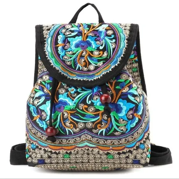 Goodhan Embroidered Bohemian Canvas Backpack Purse Blue/Purple Floral EUC