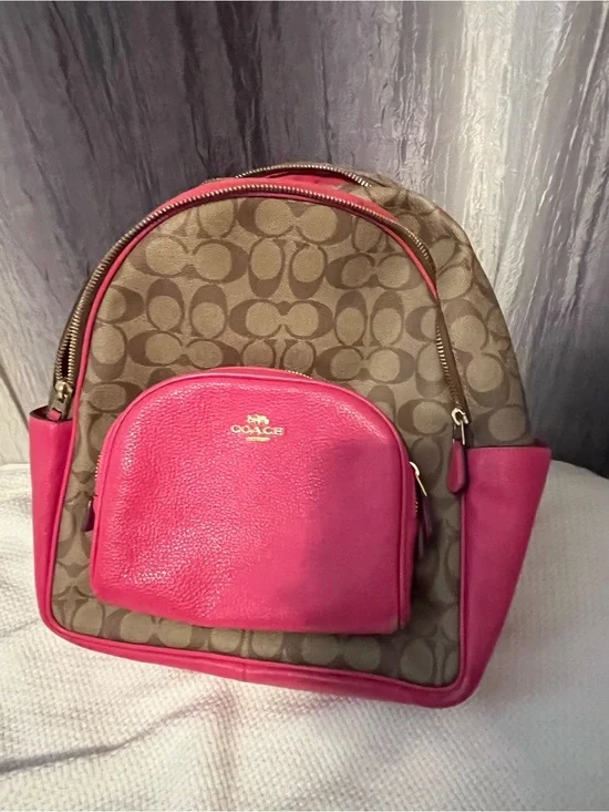 Coach Brown Signature Canvas Backpack with Pink Leather Accents and wallet