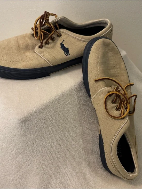Ralph Lauren Tan Canvas Boat Shoes with Navy Sole