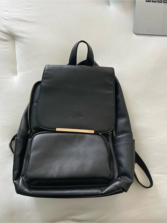 Black Leather-Look Backpack with Gold Accent