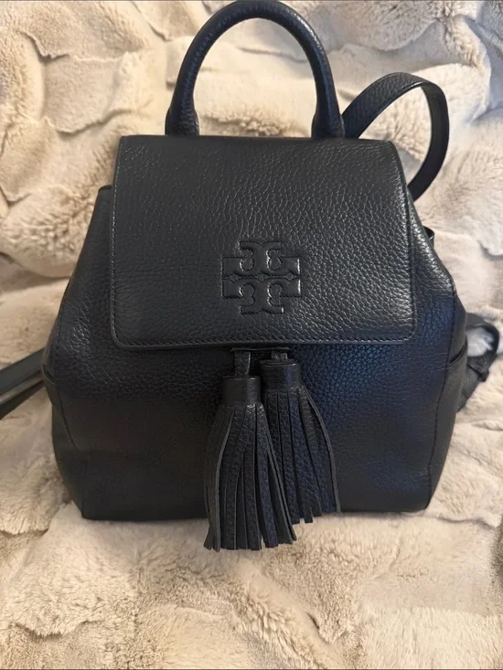 Tory Burch Black Pebbled Leather Tassel Mini Backpack