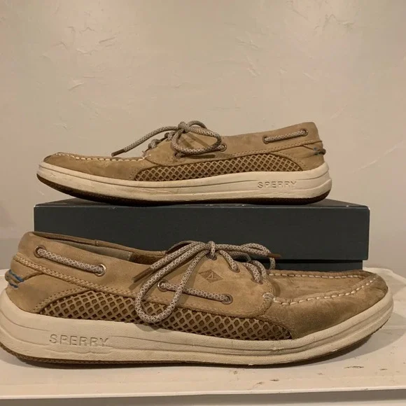 Sperry 7 SEAS Boat Shoes Mens 11.5M Tan Leather Mesh STS14240 Good Condition