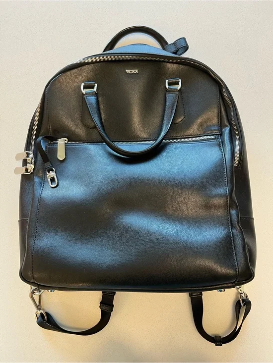 Tumi Black Leather Backpack with Silver-Tone Hardware