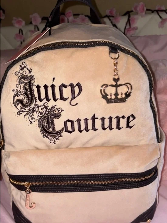Juicy Couture Beige Pink Velvet Backpack with Black Embroidery & Gold Hardware