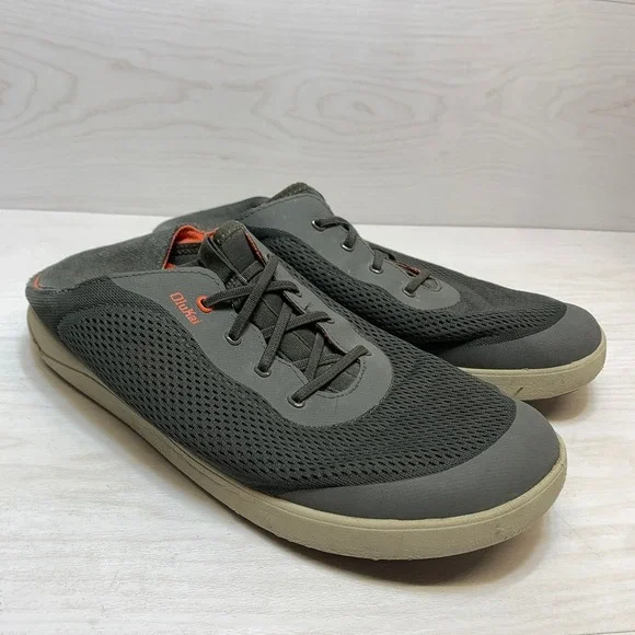 OluKai Mens 13 Moku Pae Boat Shoes Sneakers Grey Orange Drop-In Heel 10472-4EKZ