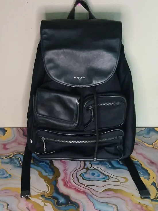 Michael Kors Black Nylon & Leather Utility Multi-Pocket Backpack