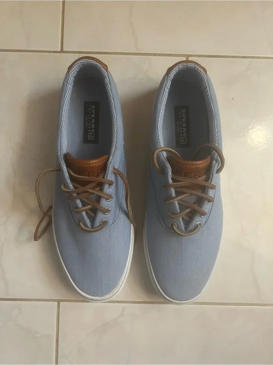 Sperry Top-Sider Striper Men’s Light Blue Canvas Boat Shoes with Brown Trim