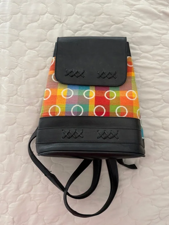 Multicolor Canvas & Black Leather Accent Backpack