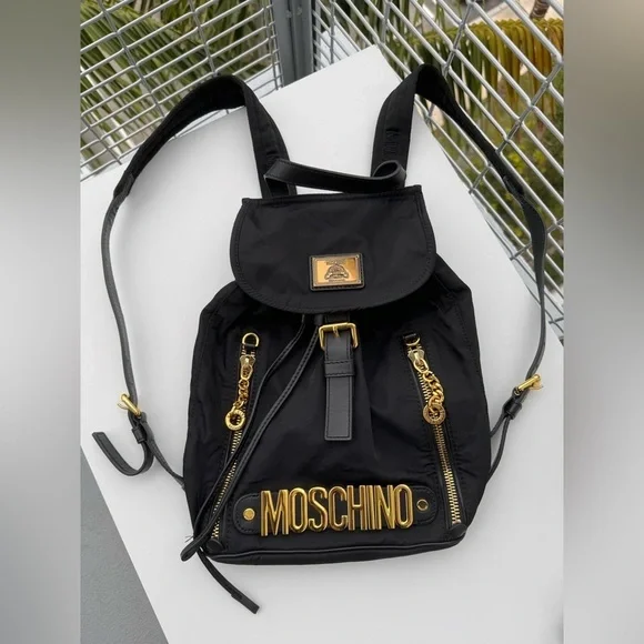 Moschino Couture Black Nylon Leather Gold Chain Backpack