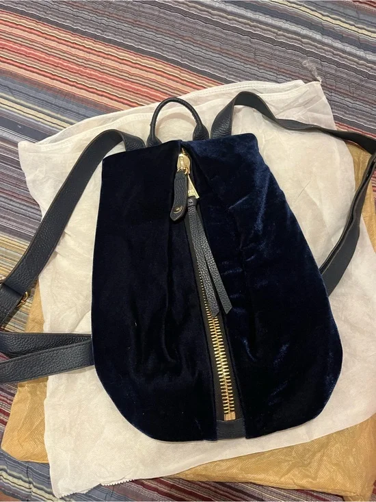 Aimee Kestenberg Velvet Navy Backpack with Gold Zipper