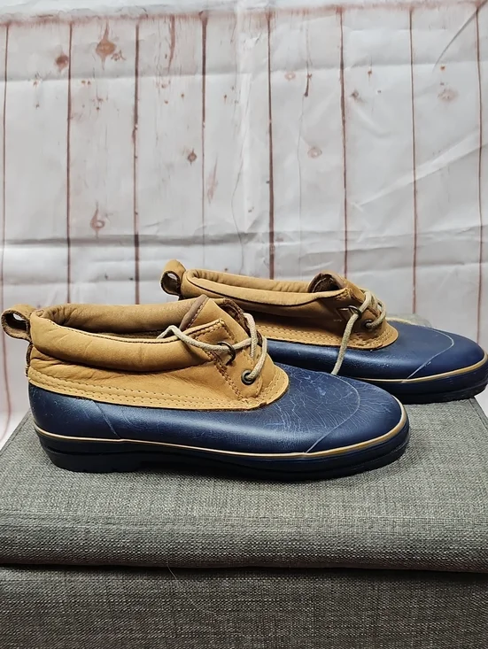 Lands' End Navy and Tan Leather Boat Shoes