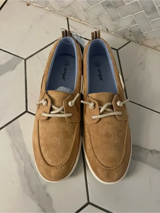 Cat & Jack Men's Tan Suede Boat Shoes with Cream Laces